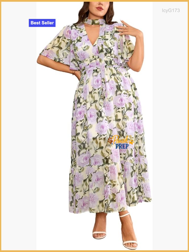 Plus Size Floral Chiffon Maxi Dress V Neck Smocked Back Wedding Guest
